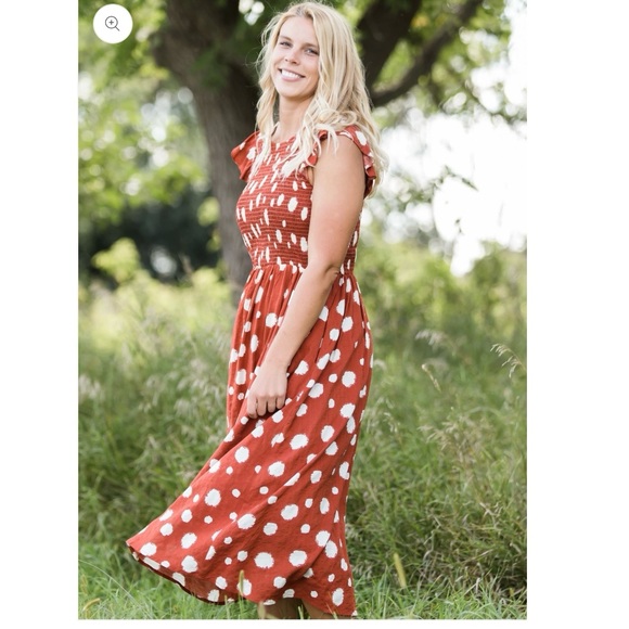 THML Rust Polka Dot Smocked Flutter Sleeve Dress - Picture 7 of 15